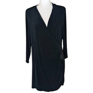 Chicos Travelers Size 2 Medium Slinky Black Faux Wrap Tunic Blouse Dress V Neck